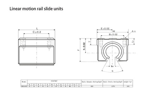 Technical diagram of Beefy Heavy Duty SBR20 Linear Motion Rail Kit 1000mm with SBR20UU Bearing Blocks for CNC Machines and 3D Printers.