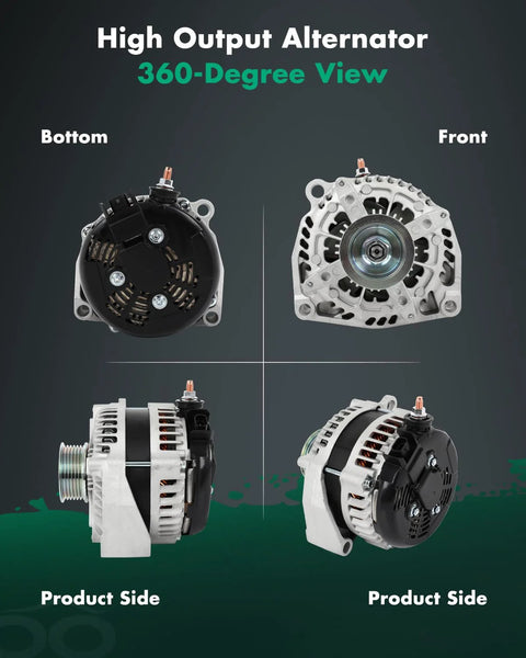 Beefed Up 220 Amp 12V Alternator Replacement, front and side views, fits Chevrolet Express Suburban Silverado 2500 HD GMC Sierra Savana