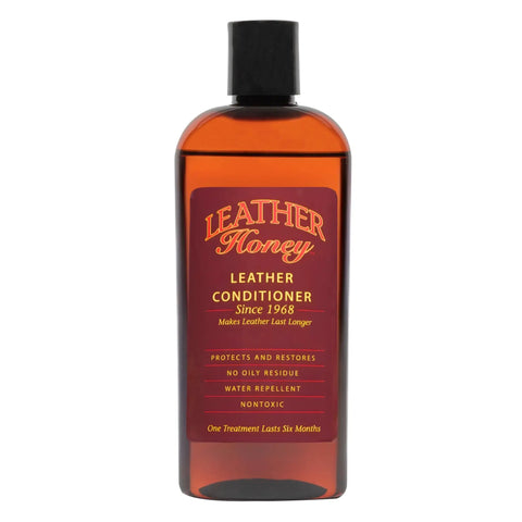 Premium Leather Conditioner That Restores All Leather Items From Auto To Furniture And Shoes Purses And Tack Non Toxic Made In USA 8 Fl Oz Leather Honey front view bottle.