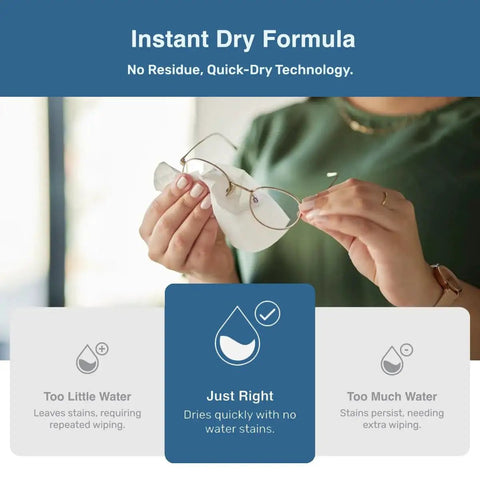 Person using Clear Guard Anti Fog Lens Wipes For Glasses And Lenses 100 Pre Moistened on eyeglasses with instant dry formula.