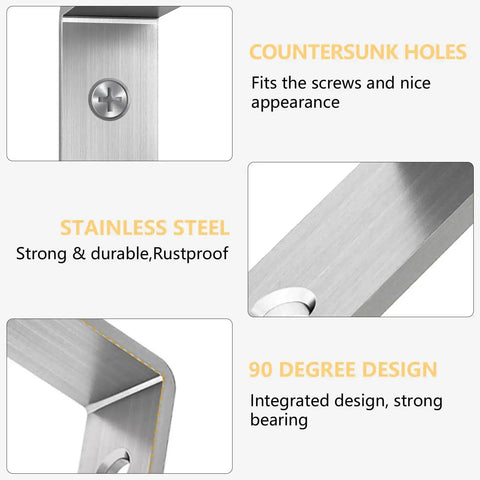 L Shaped Corner Bracket 5 By 2 Inches, Beefy Heavy Duty Stainless Steel, Rust Proof Matte Black Finish, product features and close-up view.
