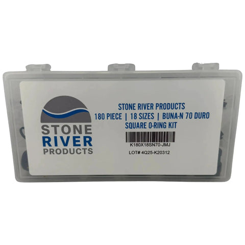 Square O Ring Kit With 180 Pieces In 18 Sizes Buna N Nitrile 70 Durometer Square Profile Seals in labeled plastic case.