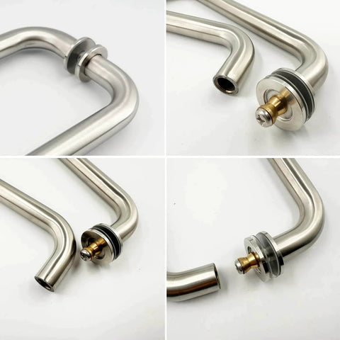 Glass Shower Door Handle For Sliding Frameless Doors In Brushed Nickel Finish, close-up view of parts and connections