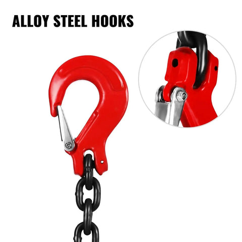 Red alloy steel engine chain hook with latch attached to black chain