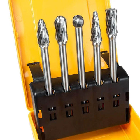 Five Piece One Quarter Inch Aluma Cut Carbide Burr Set With Four Point Four Inch Shank in yellow carry case