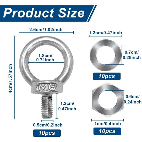 Ten Piece M6 Eye Bolts With Nuts Stainless Steel Lifting Eyebolts showing product dimensions and sizes.