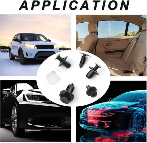 100Pcs Box Set Bumper And Fender Liner Clips Kit With 6 Sizes Push Type Retainer Fasteners For Ford Taurus E 350 Econoline Expedition And F 150 Heritage Auto Repair DIY application shown in various car repair settings