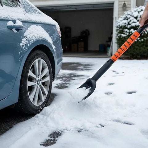 All In One 4 In 1 Car Snow Brush And Ice Scraper With 45 Inch Extendable Reach 180 Degree Rotating Head Squeegee EVA Grip Emergency Shovel For Trucks And SUVs GearFlag Winter Ready All Weather Road Trip Essential using the shovel to clear snow around a vehicle wheel.