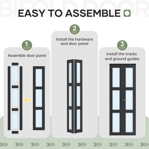 Black Interior Bifold Closet Door Set For 36 By 80 Opening With 3 Lite Tempered Frosted Glass, assembly steps illustration.