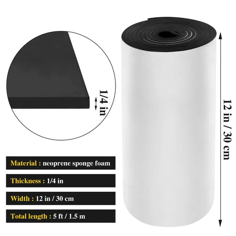 Self Adhesive Closed Cell Foam Padding Roll For Anti Vibration And Anti Slip, Black Neoprene, 12x59x1/4 Inches, roll view