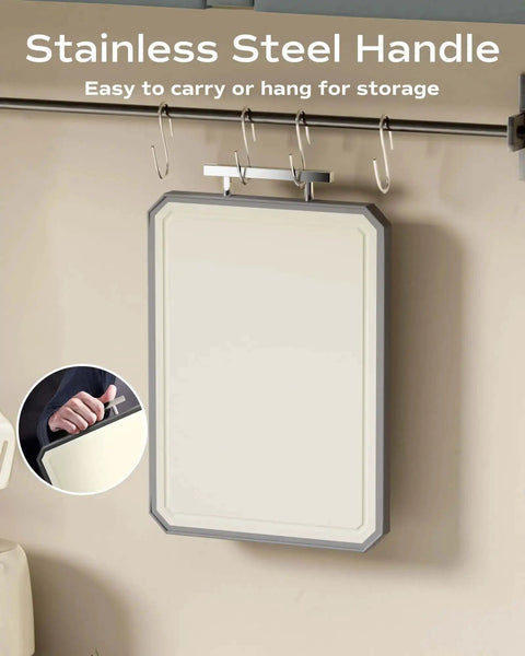 Double Sided Stainless Steel Meat Cutting Board And Wheat Straw Veggie Board Large 16 By 11 Inch with hanging handle