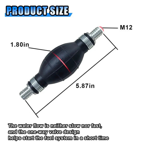 Fuel Line Hand Primer 12mm Rubber One Way Manual Fuel Pump Siphon for Gasoline Diesel showing size and fitting details.