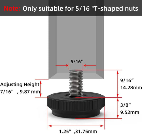 Diagram showing dimensions for Eight Pack 5/16-18 Stainless Steel Adjustable Threaded Furniture Leg Levelers Screw In Glide Feet, 5/16 T-shaped nut fit.