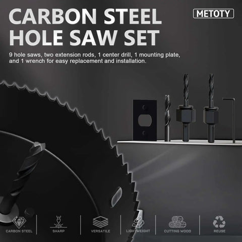 Durable 14 Piece Hole Saw Kit With Mandrel And Accessories For Soft Wood And PVC Board Home Projects Includes Nine Hole Saw Sizes From Three Quarter Inch To Three Inch With Mounting Plate Hex Key Pilot Drills And Two Arbors METOTY