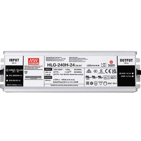 Front view of HLG-240H-24 240W 24V DC Switching Power Supply LED Driver Pro Grade with dual mode for 90-305VAC input and high efficiency.