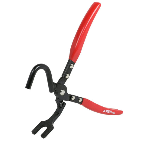 Heavy Duty Exhaust Hanger Removal Pliers With 25 Degree Offset For Hard To Reach, red grips, black steel body, side view.