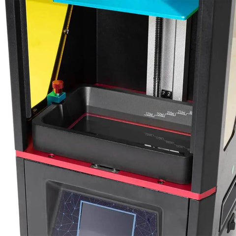 Inside view of 3D printer setup with beefy aluminum resin vat with preinstalled FEP film and steel ring, compatible with Anycubic Photon Mono Four K.