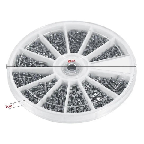 600 Piece Stainless Steel Small Screws And Nuts Assortment Kit With Handy Box, visible in a round container with compartments