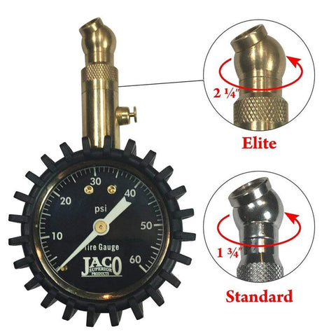 JACO Elite tire pressure gauge with brass body and 60 psi dial, front view