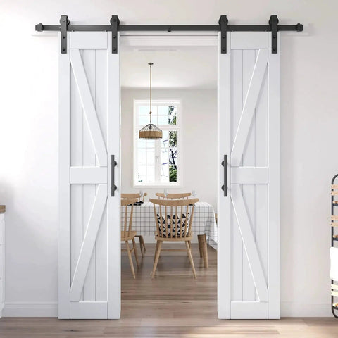 36 Inch By 84 Inch Double Barn Door With 6.6 Feet Sliding Door Hardware And Handle Included in white, installed in interior room.