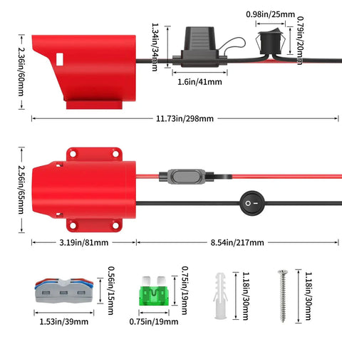 Diagram of Two Pack Power Wheel Battery Adapter Kit For Milwaukee 12V with measurements and components overview