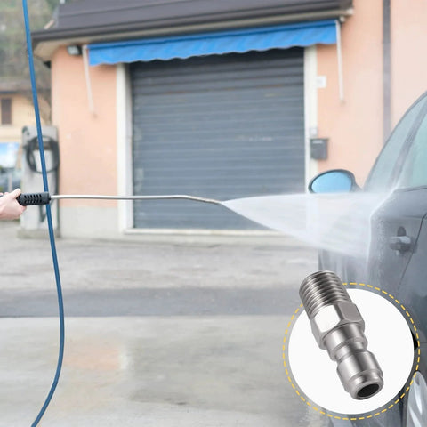 Pressure Washer Quick Connect Couplers Set One Quarter Inch Stainless Steel Fittings Male And Female NPT Compatible in use washing a car