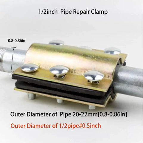 Heavy Duty Water Pipe Repair Clamp for Half Inch Pipes Fits OD 0.79 To 0.84 Inch shown on metal pipe, highlighting six bolts and rubber liner.