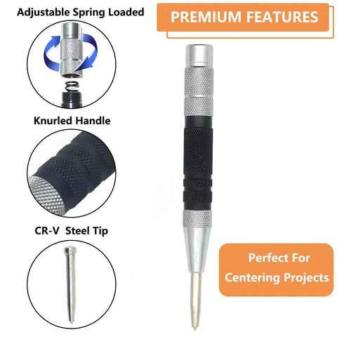 Diagram of Two Piece Automatic Center Punch Set, 6 Inch Hardened Steel, with adjustable knurled cap and spring-loaded feature