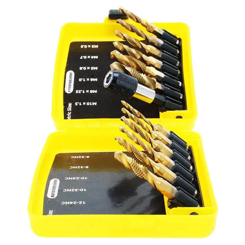Titanium-Coated Combination Drill Tap Bit Set, 13 Piece SAE and Metric Kit, displayed in yellow storage case with quick-change adapter.