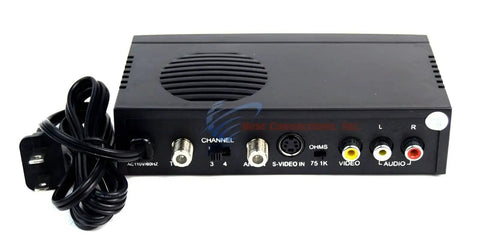 Universal RF Modulator For RCA Audio Video To Coax Output With S Video Channel 3 Or 4 Converts Old School RCA Gear To Modern TV 75 Ohm Output 1K Ohm Input Simple A V To Coax Upgrade, front view showing input and output ports.