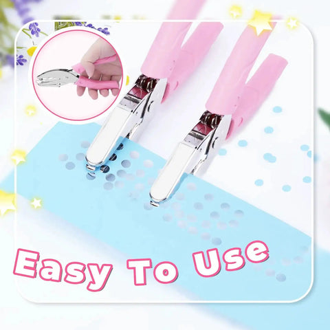 Three Pack Handy Metal Handheld Hole Punch Set For Crafting And Scrapbooks with soft grip handles in use on blue paper