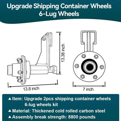 Diagram of Two Pack Heavy Duty Shipping Container Wheels Kit With 6 Lug Axle, dimensions labeled, made of carbon steel.