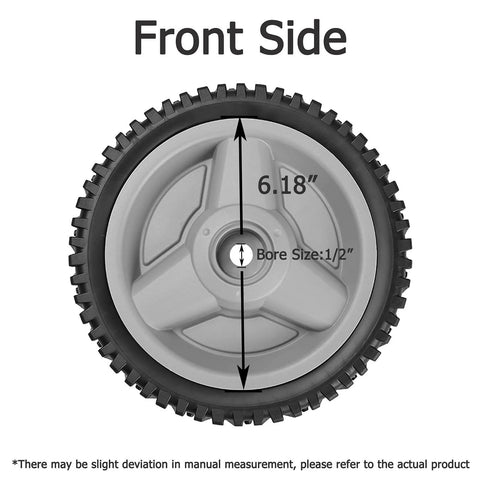 Front view of gray 6.18 inch plastic wheel for Front Drive Wheels Replacement For HU700F Self Propelled Lawn Mower 2 Pack