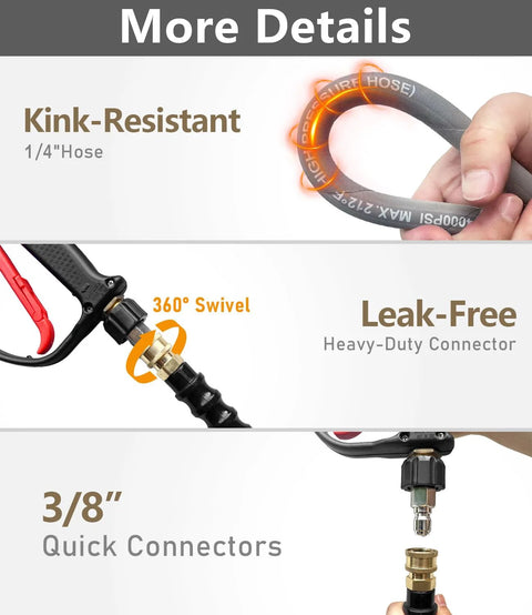 NAVOHEVEN pressure washer hose, gray, 50ft, kink-resistant steel-braided 1/4-in hose with 3/8-in quick-connectors, M22