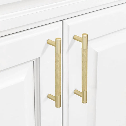 10 Pack 5 Inch Brushed Gold Knurled Cabinet Pulls For Kitchen Cabinets Drawers And Doors Durable Hardware With Easy Install Screws installed on white cabinets