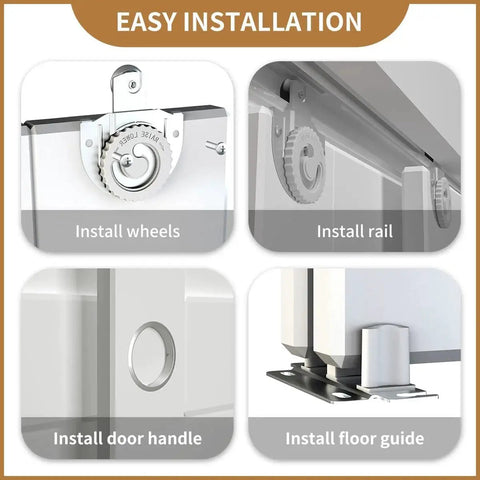 Bypass Sliding Door Hardware 60 Inch Track Set For Two Door Closet System showing installation steps for wheels, rail, handle, guide