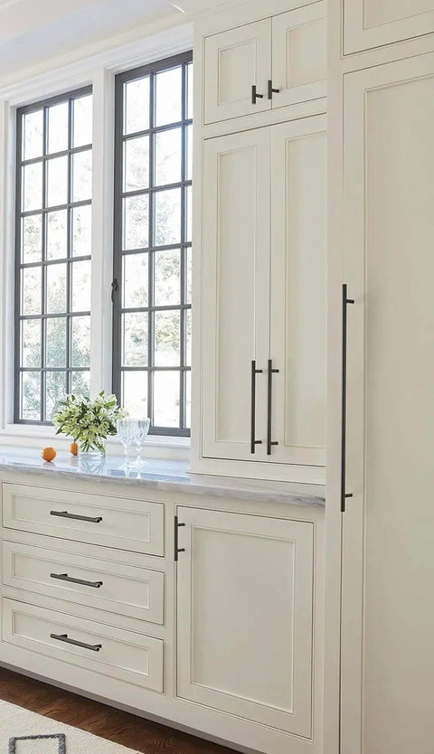Oil Rubbed Bronze Bar Cabinet Pull 3 Inch Center To Center Contemporary Drawer Handle 5-3/8 Inch installed on kitchen cabinets