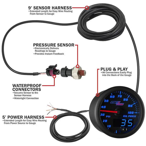 Double Vision 100 PSI Oil Pressure Gauge Kit For Trucks With Analog And Digital Readouts, Includes Electronic Sensor