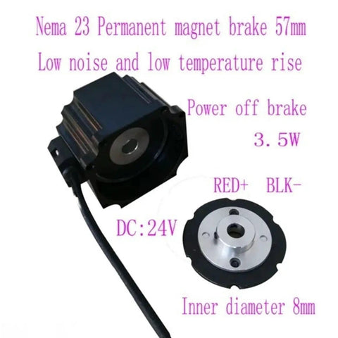Front view of 24V DC NEMA 23 permanent magnet brake with 8mm shaft, 57x57mm frame for stepper motors