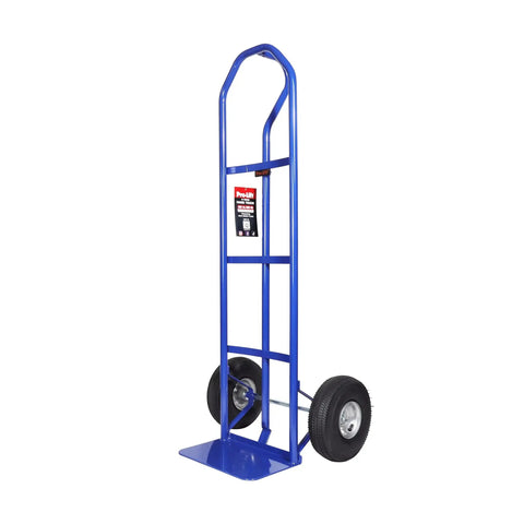 Pro-Lift blue hand truck dolly, side view, steel frame with vertical loop handle and two wheels