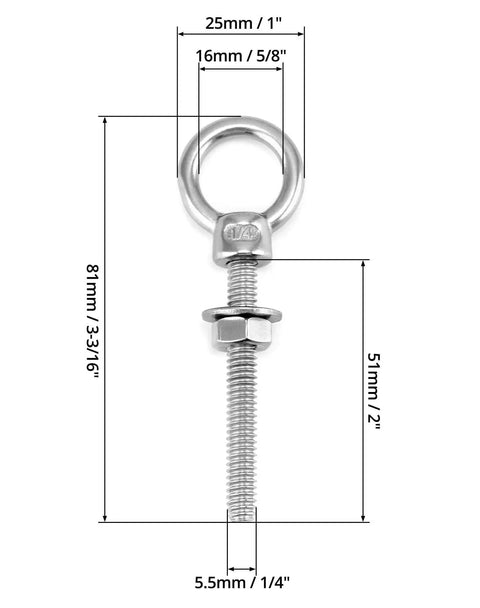 Diagram of Ten Pack 316 Stainless Shoulder Eyebolts One Quarter Inch By Two Inch With High Corrosion Resistance And Four Hundred Pounds Working Load Limit