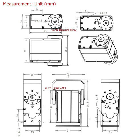 Front and side views of ANNIMOS 60KG robot servo motor with stainless steel gears and mounting brackets