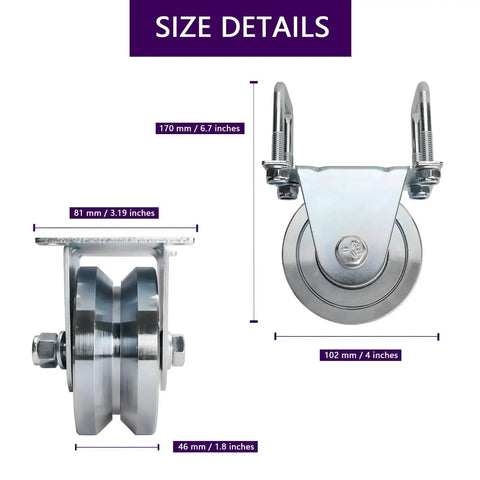 4 Inch Slide Gate Wheel With V Groove Heavy Duty Up To 3000 Lbs Dual Bearing External Mount Bracket Size Details Diagram