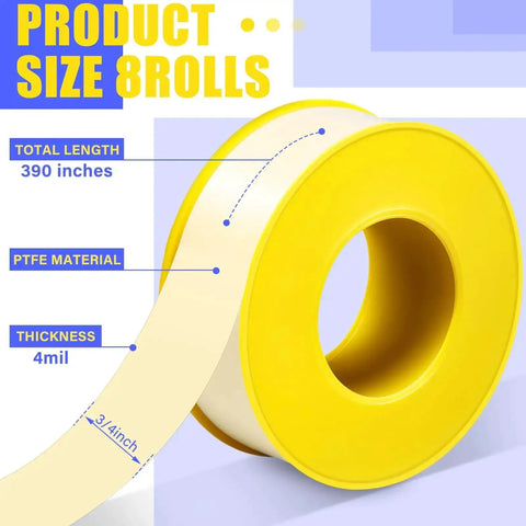 Extra Wide Three Quarter Inch Gas Tape, 390 Inch Long, Four Mil PTFE Thread Sealant, Yellow Color Gas Seal Tape Roll