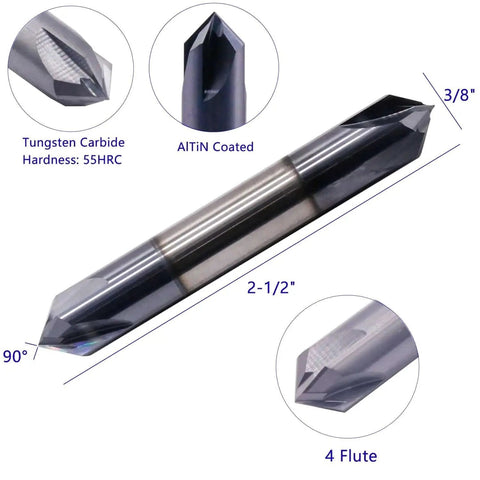 Rugged Solid Carbide End Mill For Chamfering With AlTiN Coating, Double End, Four Flute, Ninety Degree Chamfer, 3/8 Inch Diameter