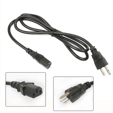 Black power cord with two-prong plug and socket connectors, suitable for various electronic devices, coiled wire view