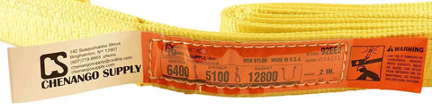 2-inch nylon lifting sling, 6 ft long, yellow with flat eye ends and orange capacity label 6400/5100/12800 lb.