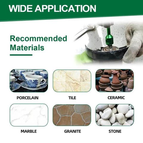 Pro Grade Diamond Core Drill Bits Kit For Tile And Stone With 6, 8, 10, 25, 35, 50, 65 mm Holes Plus Beveling Chamfer Bit One And Three Eighths Inch Diamond Finger Milling Bit Triangle Adapter For Five Eighths Eleven Thread And Four And A Half Inch wide application on porcelain, tile, ceramic, marble, granite, stone