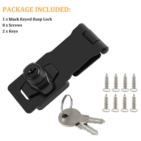 Black Keyed Hasp Lock 4 Inch Heavy Duty with package contents, screws, keys, zinc alloy, brushed finish, rust resistant