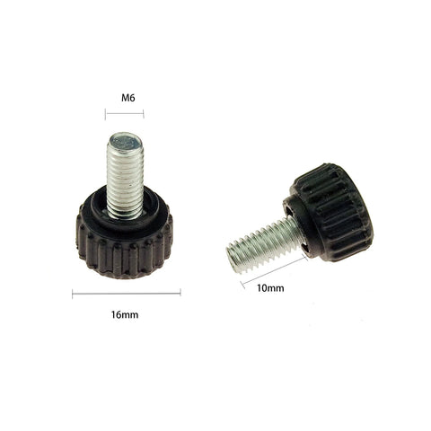 Close-up of 20-piece M6 thumbscrews set with threaded knurled grip knobs, durable metal and thermoset plastic, M6 x 10 mm size shown.